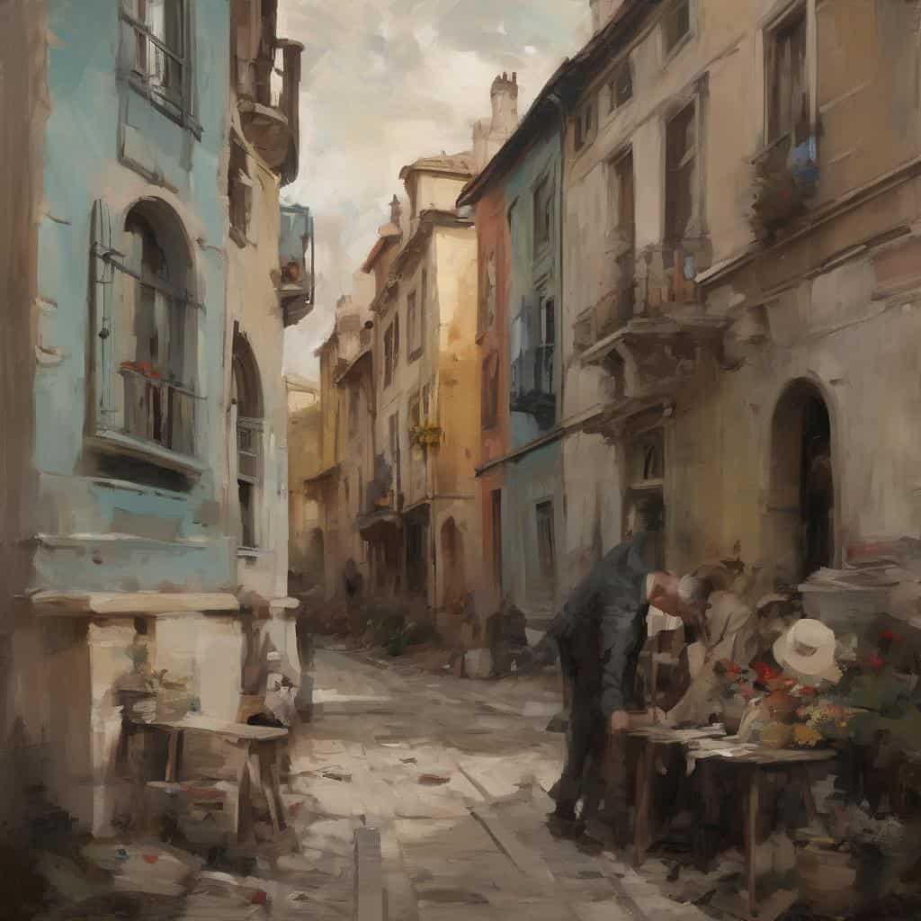 Παλιό στυλ δρόμου με πολύχρωμα κτίρια και περαστικούς σε μια καλλιτεχνική πόλη.