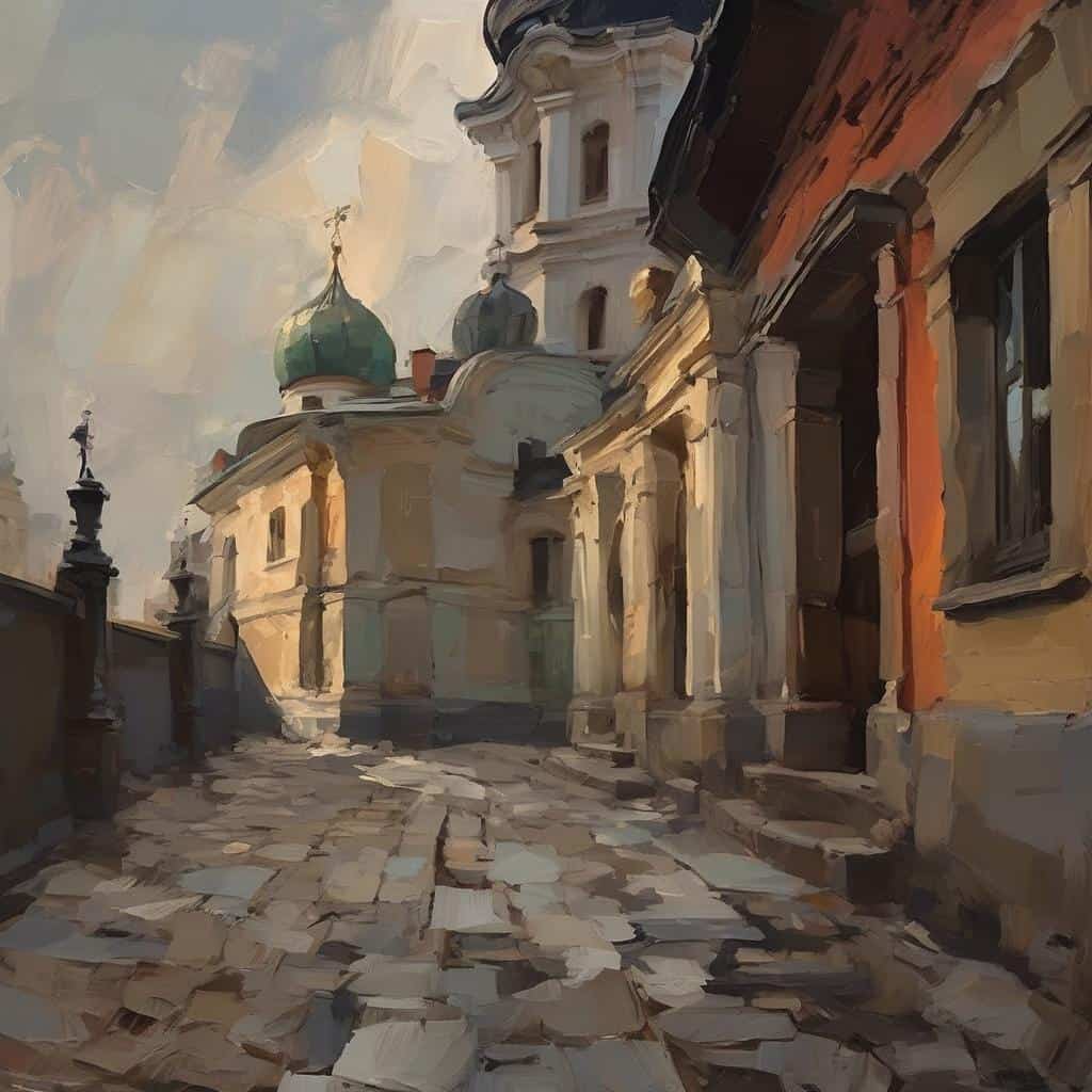 Παλιό ερειπωμένο κτίριο με εκκλησία και πλακόστρωτο δρομάκι, τέχνη της μινιατούρας, λεπτομέρεια και τεχνική.