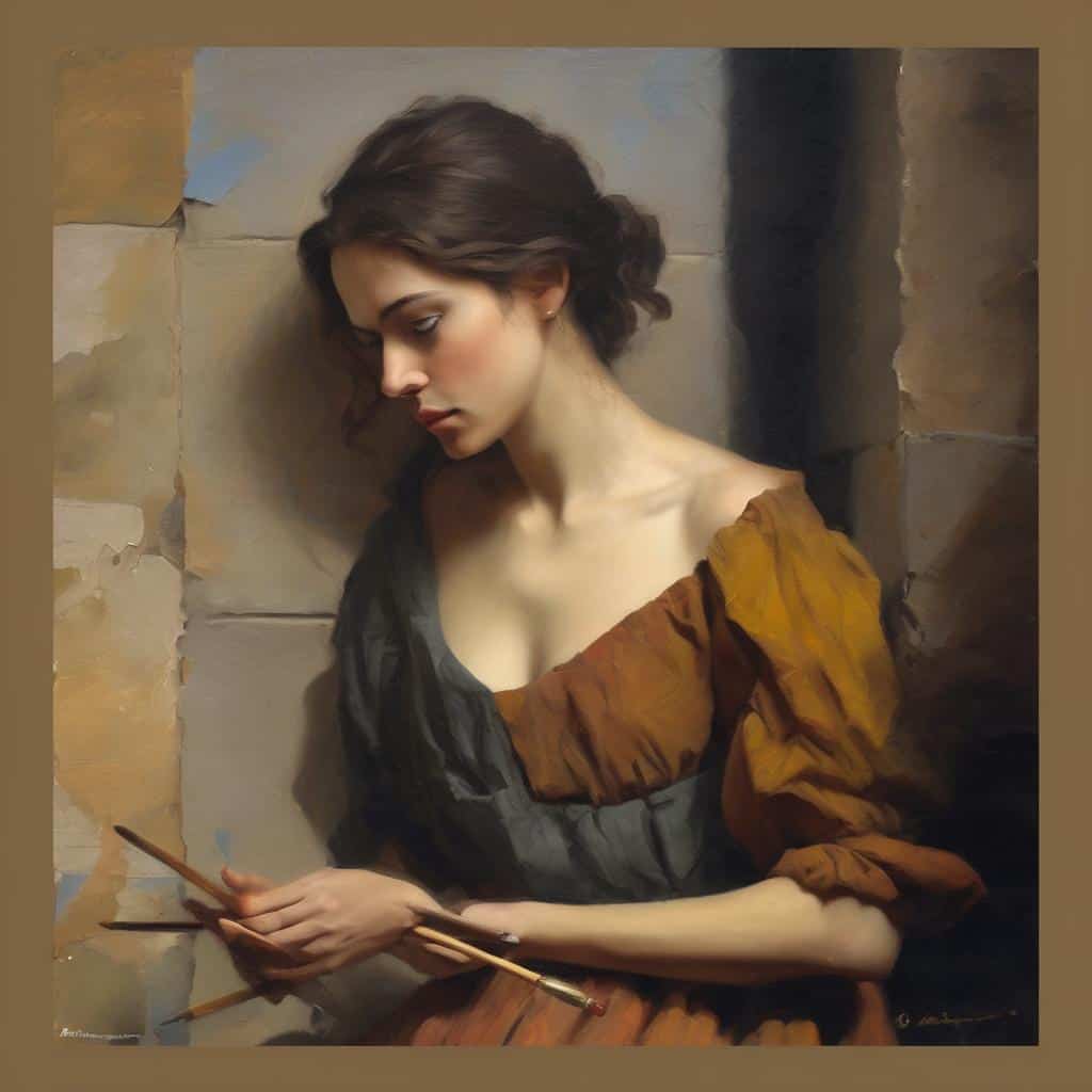 Απαλή λεπτομέρεια της τέχνης της μινιατούρας, πορτρέτο γυναίκας με γήινες αποχρώσεις σε εσωτερικό.